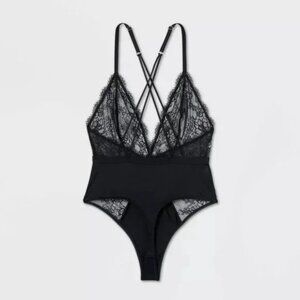 NEW Auden Elegant Lace Unlined Thong Bodysuit - Black - Size XL